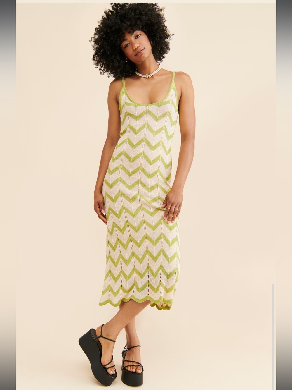 Dress Forum Knit Chevron Slip Dress in Lime Green and Cream Women's Size Medium